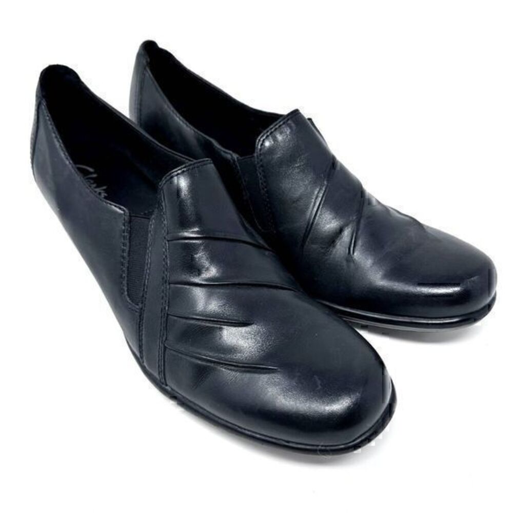 Clarks Womens Black Partridge Leather Loafer Slip‎ On Pleated Bootie Size 9.5
